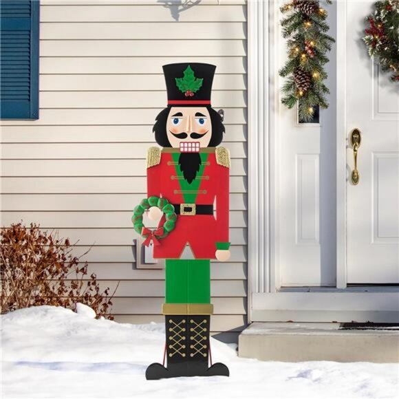 60”H Metal Christmas Soldier Nutcracker Porch Decor Rustic Nutcracker w/Wreath